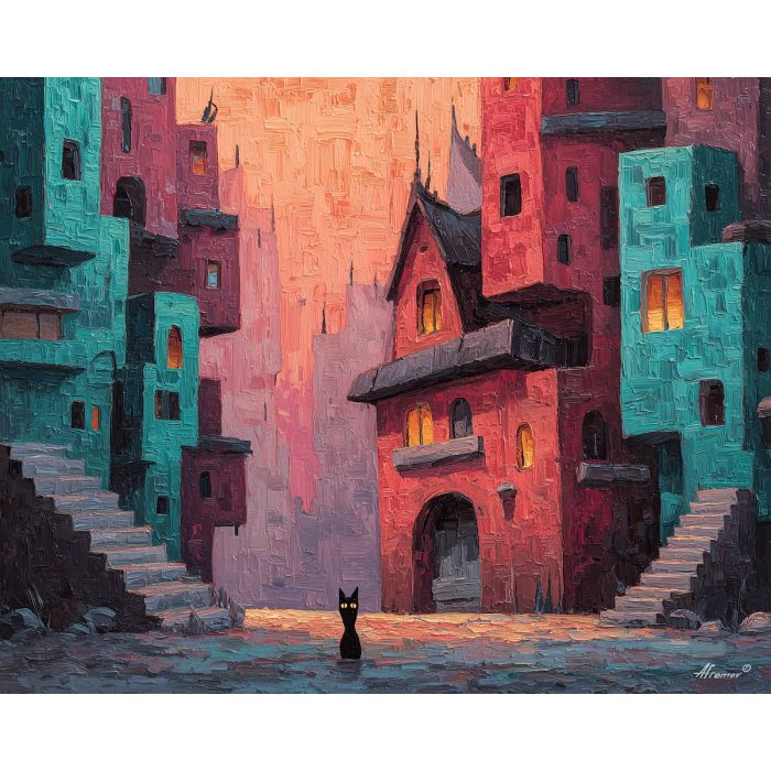 bright, playful, odd, happy, simple, bold, fun, quick, color, cheer, palette knife, oil painting, impasto, texture, layered paint, expressive surface, color depth, atmospheric, visual mood, art