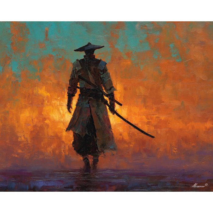 steel, honor, blade, night, silent, crimson, ash, wind, shadow, still, palette knife, oil painting, impasto, texture, layered paint, expressive surface, color depth, atmospheric, visual mood, art