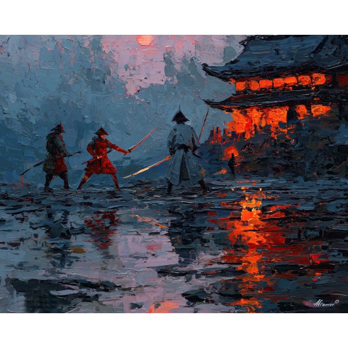 steel, honor, blade, night, silent, crimson, ash, wind, shadow, still, palette knife, oil painting, impasto, texture, layered paint, expressive surface, color depth, atmospheric, visual mood, art