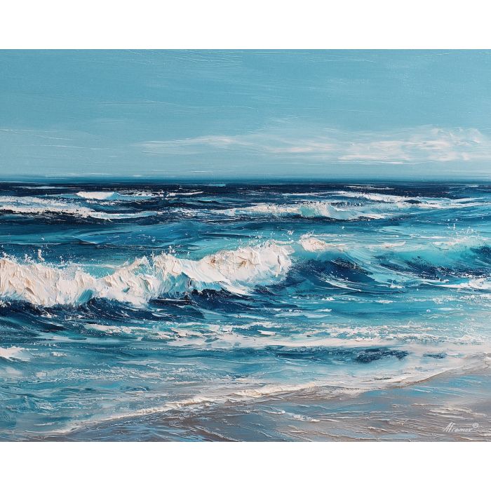 salt, horizon, drift, tide, open, blue, wind, shore, pale, calm, palette knife, oil painting, impasto, texture, layered paint, expressive surface, color depth, atmospheric, visual mood, art