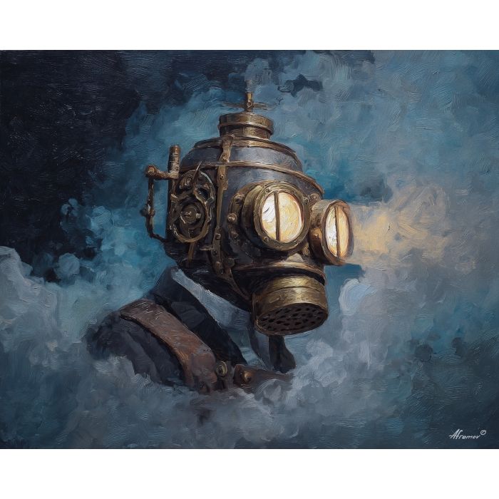 gear, brass, steam, iron, clock, fog, valve, copper, shadow, smoke, palette knife, oil painting, impasto, texture, layered paint, expressive surface, color depth, atmospheric, visual mood, art