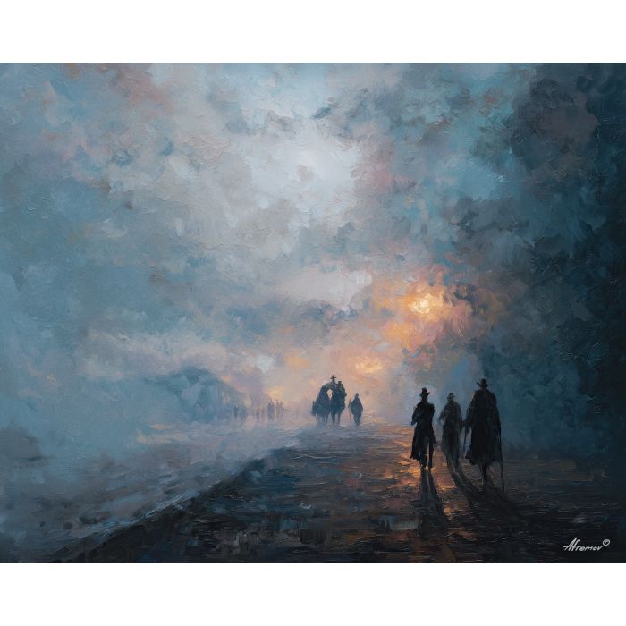 gear, brass, steam, iron, clock, fog, valve, copper, shadow, smoke, palette knife, oil painting, impasto, texture, layered paint, expressive surface, color depth, atmospheric, visual mood, art