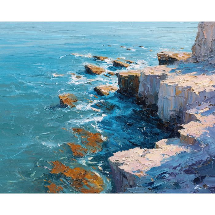 salt, horizon, drift, tide, open, blue, wind, shore, pale, calm, palette knife, oil painting, impasto, texture, layered paint, expressive surface, color depth, atmospheric, visual mood, art