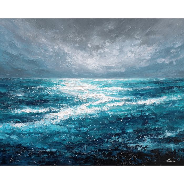 tide, deep, blue, current, moon, pearl, drift, sea, quiet, glow, palette knife, oil painting, impasto, texture, layered paint, expressive surface, color depth, atmospheric, visual mood, art