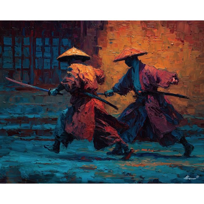 steel, honor, blade, night, silent, crimson, ash, wind, shadow, still, palette knife, oil painting, impasto, texture, layered paint, expressive surface, color depth, atmospheric, visual mood, art