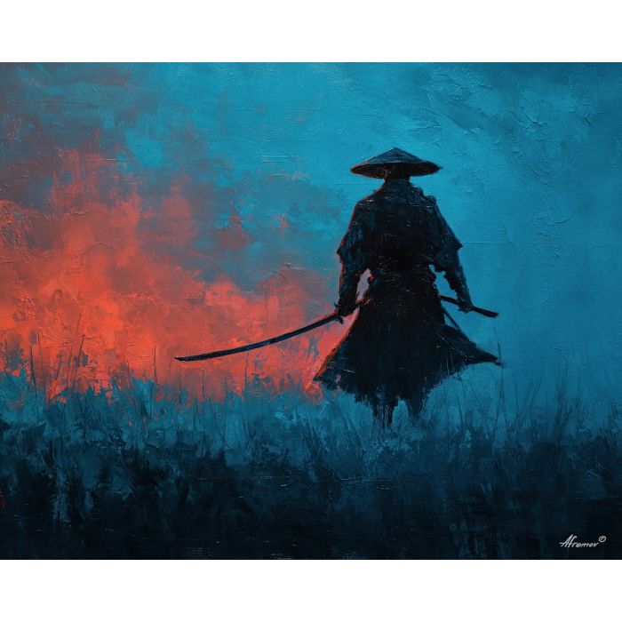 steel, honor, blade, night, silent, crimson, ash, wind, shadow, still, palette knife, oil painting, impasto, texture, layered paint, expressive surface, color depth, atmospheric, visual mood, art