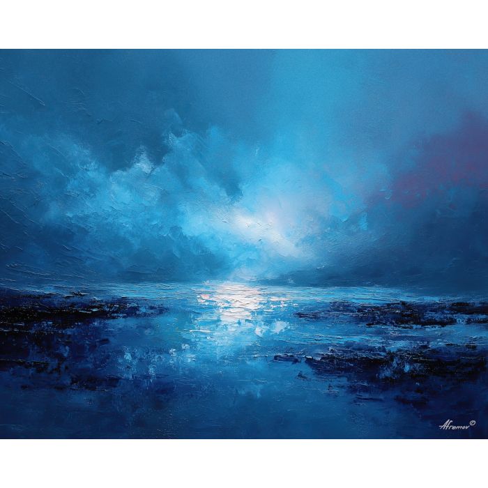 salt, horizon, drift, tide, open, blue, wind, shore, pale, calm, palette knife, oil painting, impasto, texture, layered paint, expressive surface, color depth, atmospheric, visual mood, art