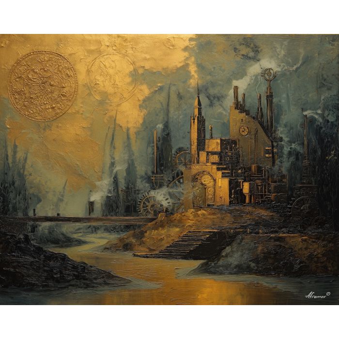 gear, brass, steam, iron, clock, fog, valve, copper, shadow, smoke, palette knife, oil painting, impasto, texture, layered paint, expressive surface, color depth, atmospheric, visual mood, art