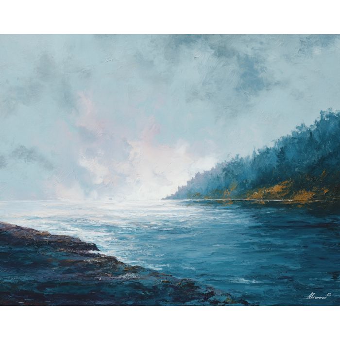 salt, horizon, drift, tide, open, blue, wind, shore, pale, calm, palette knife, oil painting, impasto, texture, layered paint, expressive surface, color depth, atmospheric, visual mood, art