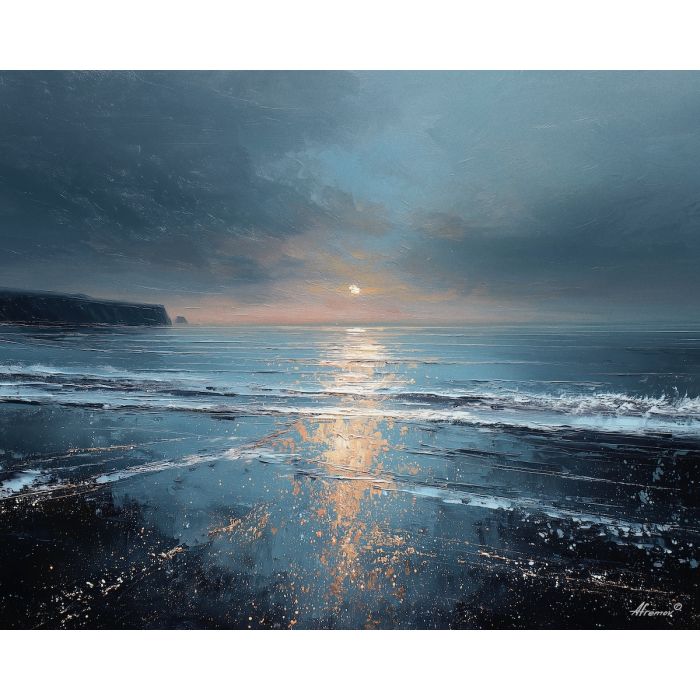 salt, horizon, drift, tide, open, blue, wind, shore, pale, calm, palette knife, oil painting, impasto, texture, layered paint, expressive surface, color depth, atmospheric, visual mood, art