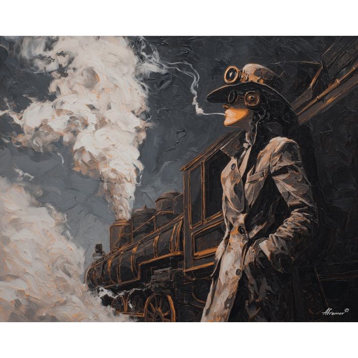 gear, brass, steam, iron, clock, fog, valve, copper, shadow, smoke, palette knife, oil painting, impasto, texture, layered paint, expressive surface, color depth, atmospheric, visual mood, art