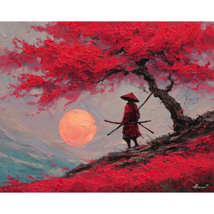 steel, honor, blade, night, silent, crimson, ash, wind, shadow, still, palette knife, oil painting, impasto, texture, layered paint, expressive surface, color depth, atmospheric, visual mood, art