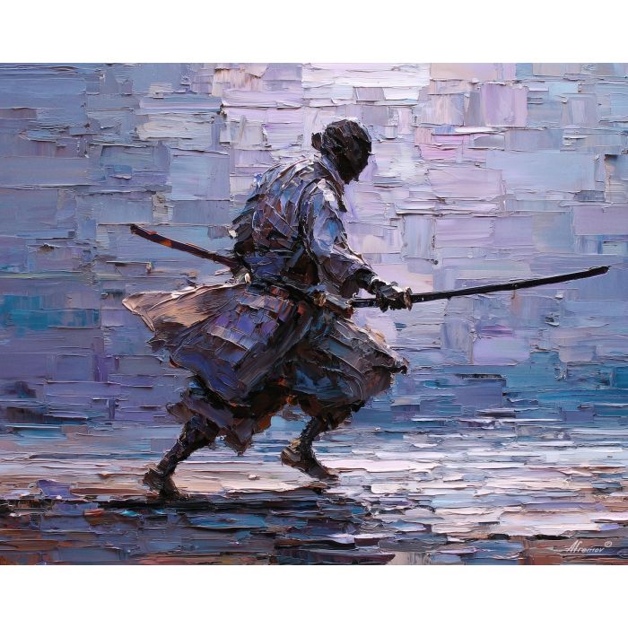 steel, honor, blade, night, silent, crimson, ash, wind, shadow, still, palette knife, oil painting, impasto, texture, layered paint, expressive surface, color depth, atmospheric, visual mood, art