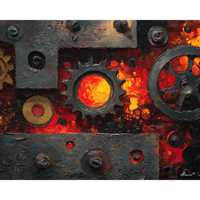 gear, brass, steam, iron, clock, fog, valve, copper, shadow, smoke, palette knife, oil painting, impasto, texture, layered paint, expressive surface, color depth, atmospheric, visual mood, art