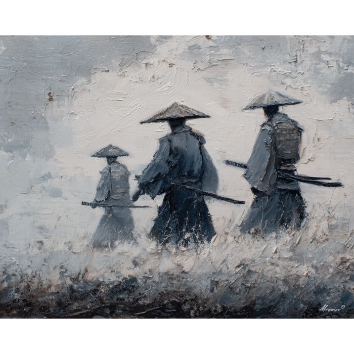 steel, honor, blade, night, silent, crimson, ash, wind, shadow, still, palette knife, oil painting, impasto, texture, layered paint, expressive surface, color depth, atmospheric, visual mood, art