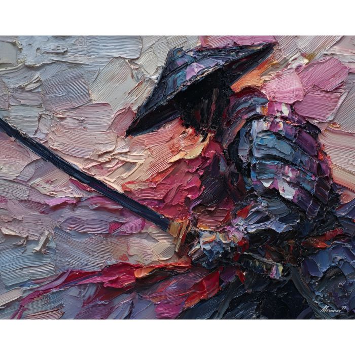 steel, honor, blade, night, silent, crimson, ash, wind, shadow, still, palette knife, oil painting, impasto, texture, layered paint, expressive surface, color depth, atmospheric, visual mood, art