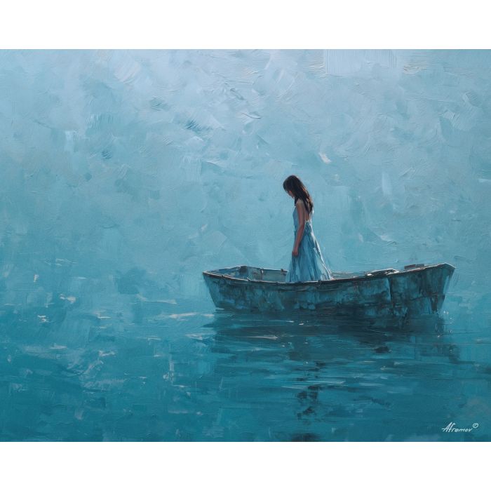 tide, deep, blue, current, moon, pearl, drift, sea, quiet, glow, palette knife, oil painting, impasto, texture, layered paint, expressive surface, color depth, atmospheric, visual mood, art