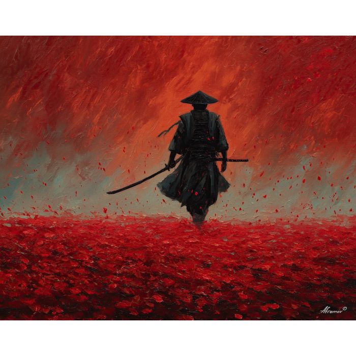 steel, honor, blade, night, silent, crimson, ash, wind, shadow, still, palette knife, oil painting, impasto, texture, layered paint, expressive surface, color depth, atmospheric, visual mood, art