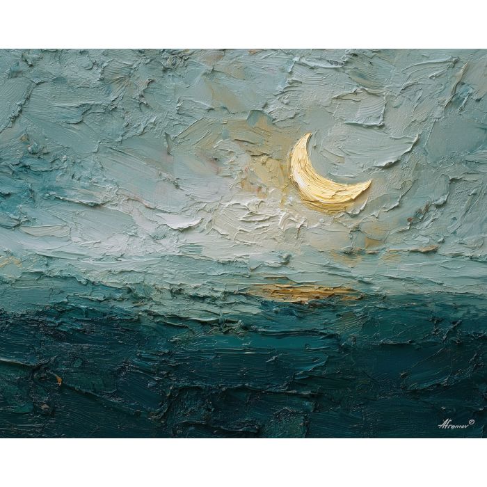 tide, deep, blue, current, moon, pearl, drift, sea, quiet, glow, palette knife, oil painting, impasto, texture, layered paint, expressive surface, color depth, atmospheric, visual mood, art