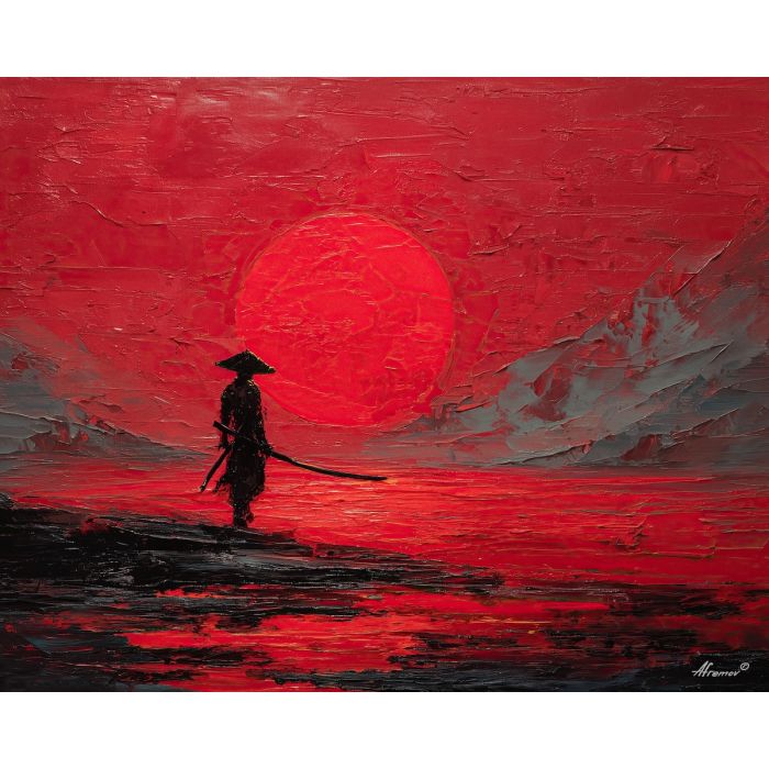 steel, honor, blade, night, silent, crimson, ash, wind, shadow, still, palette knife, oil painting, impasto, texture, layered paint, expressive surface, color depth, atmospheric, visual mood, art
