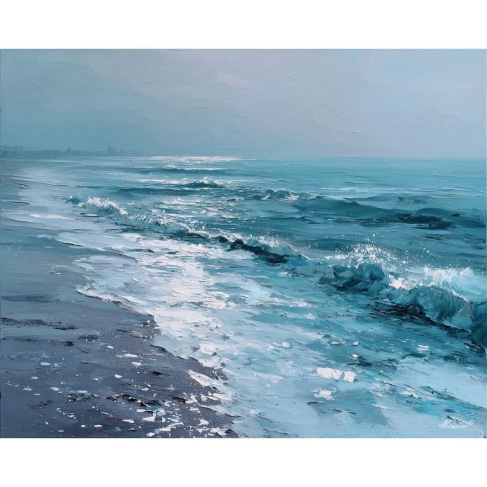 salt, horizon, drift, tide, open, blue, wind, shore, pale, calm, palette knife, oil painting, impasto, texture, layered paint, expressive surface, color depth, atmospheric, visual mood, art