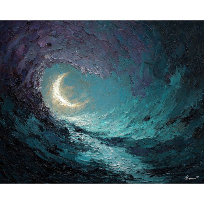 tide, deep, blue, current, moon, pearl, drift, sea, quiet, glow, palette knife, oil painting, impasto, texture, layered paint, expressive surface, color depth, atmospheric, visual mood, art