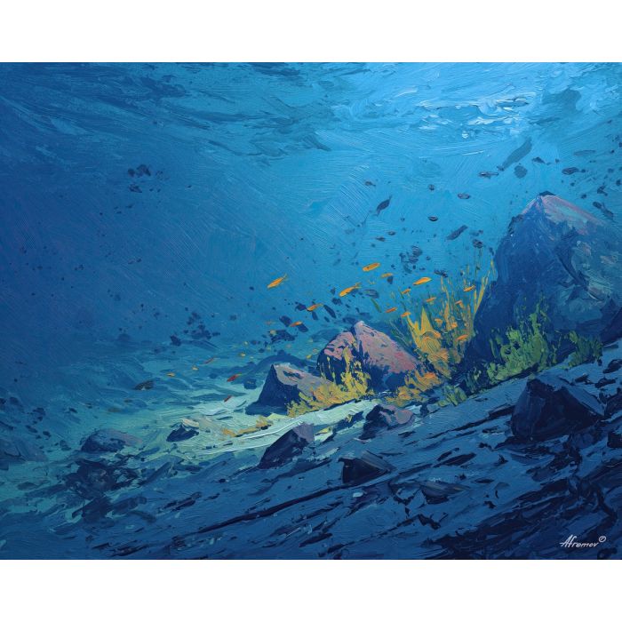 tide, deep, blue, current, moon, pearl, drift, sea, quiet, glow, palette knife, oil painting, impasto, texture, layered paint, expressive surface, color depth, atmospheric, visual mood, art