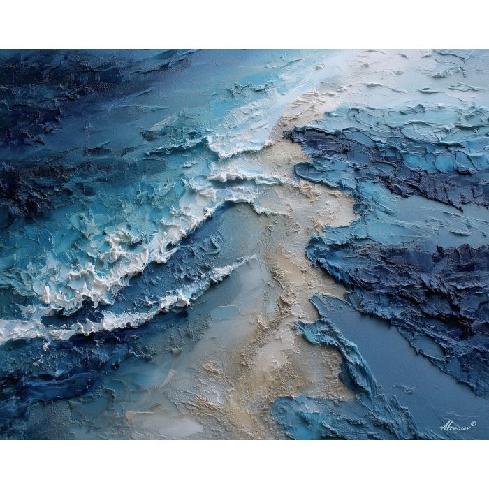 tide, deep, blue, current, moon, pearl, drift, sea, quiet, glow, palette knife, oil painting, impasto, texture, layered paint, expressive surface, color depth, atmospheric, visual mood, art