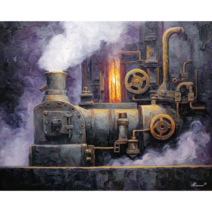gear, brass, steam, iron, clock, fog, valve, copper, shadow, smoke, palette knife, oil painting, impasto, texture, layered paint, expressive surface, color depth, atmospheric, visual mood, art