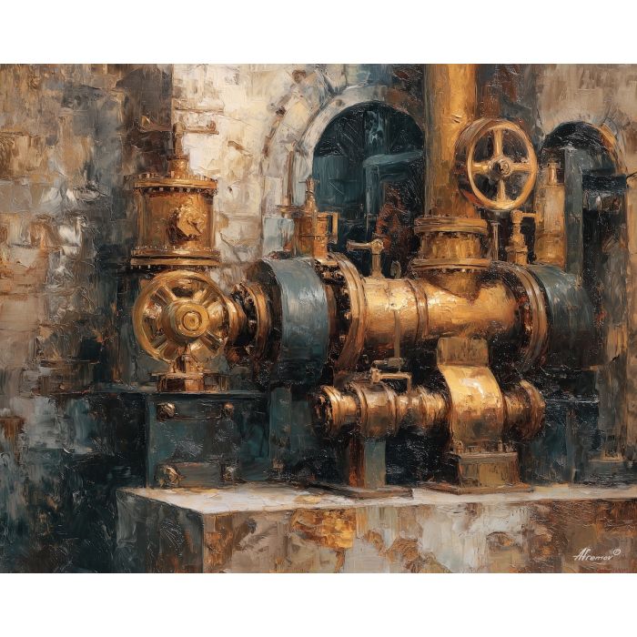 gear, brass, steam, iron, clock, fog, valve, copper, shadow, smoke, palette knife, oil painting, impasto, texture, layered paint, expressive surface, color depth, atmospheric, visual mood, art