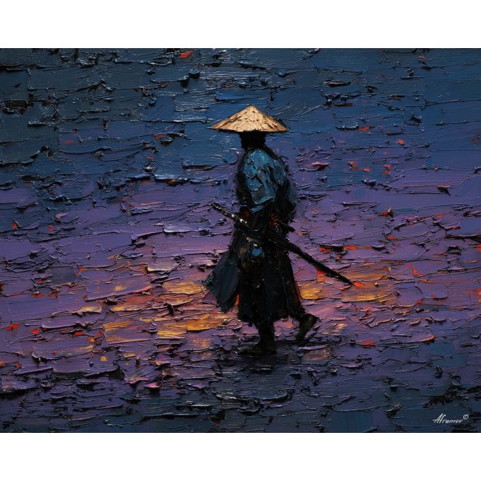 steel, honor, blade, night, silent, crimson, ash, wind, shadow, still, palette knife, oil painting, impasto, texture, layered paint, expressive surface, color depth, atmospheric, visual mood, art