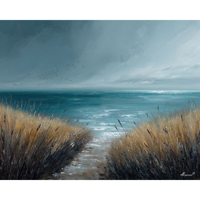 salt, horizon, drift, tide, open, blue, wind, shore, pale, calm, palette knife, oil painting, impasto, texture, layered paint, expressive surface, color depth, atmospheric, visual mood, art