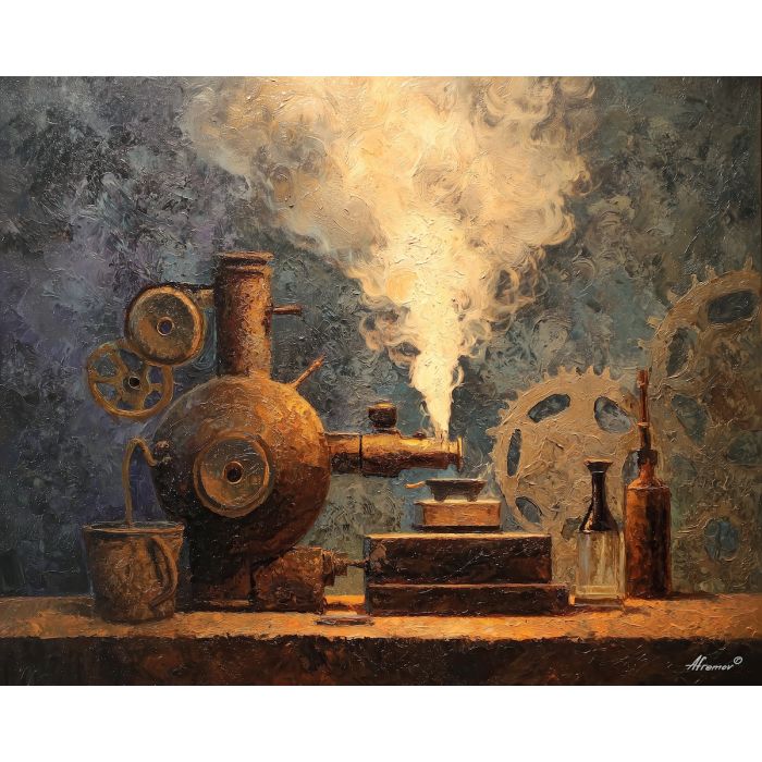 gear, brass, steam, iron, clock, fog, valve, copper, shadow, smoke, palette knife, oil painting, impasto, texture, layered paint, expressive surface, color depth, atmospheric, visual mood, art