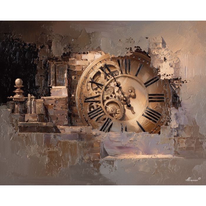 gear, brass, steam, iron, clock, fog, valve, copper, shadow, smoke, palette knife, oil painting, impasto, texture, layered paint, expressive surface, color depth, atmospheric, visual mood, art