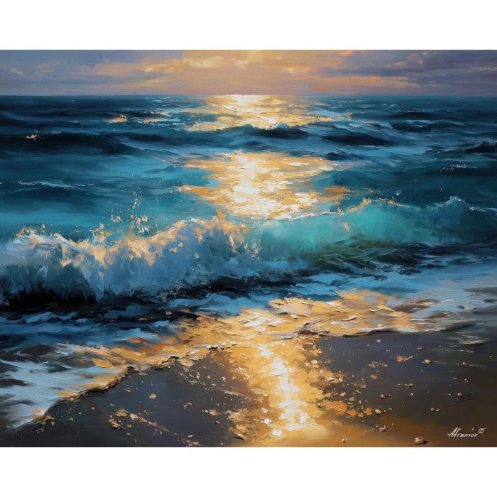 tide, deep, blue, current, moon, pearl, drift, sea, quiet, glow, palette knife, oil painting, impasto, texture, layered paint, expressive surface, color depth, atmospheric, visual mood, art