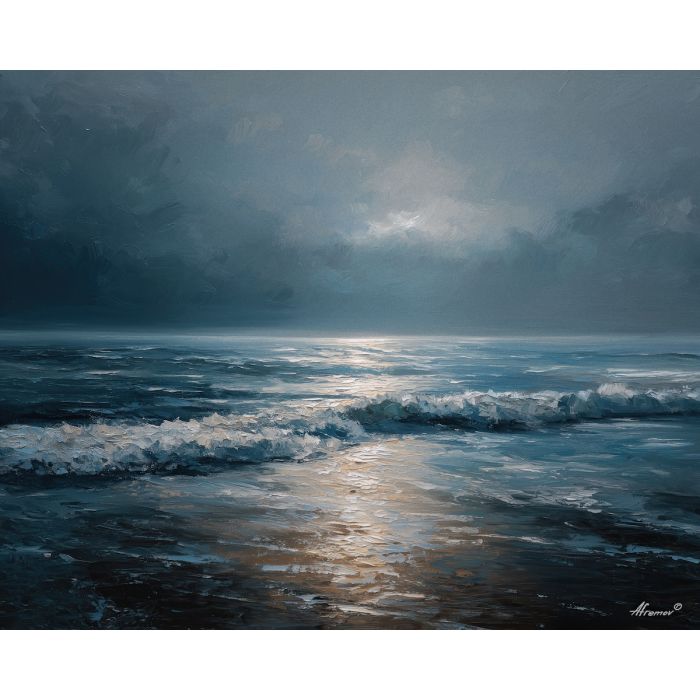 tide, deep, blue, current, moon, pearl, drift, sea, quiet, glow, palette knife, oil painting, impasto, texture, layered paint, expressive surface, color depth, atmospheric, visual mood, art