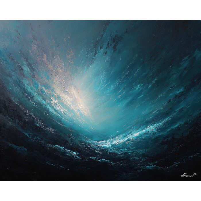 tide, deep, blue, current, moon, pearl, drift, sea, quiet, glow, palette knife, oil painting, impasto, texture, layered paint, expressive surface, color depth, atmospheric, visual mood, art