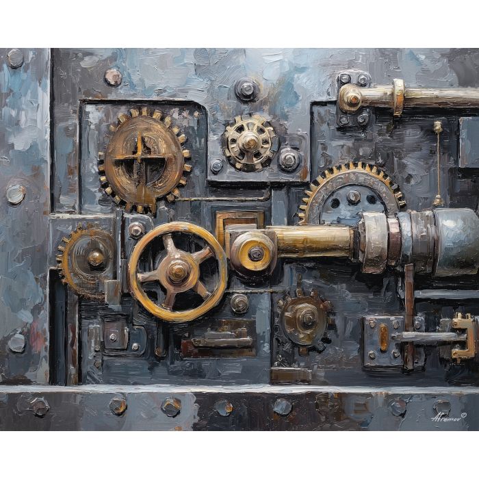 gear, brass, steam, iron, clock, fog, valve, copper, shadow, smoke, palette knife, oil painting, impasto, texture, layered paint, expressive surface, color depth, atmospheric, visual mood, art