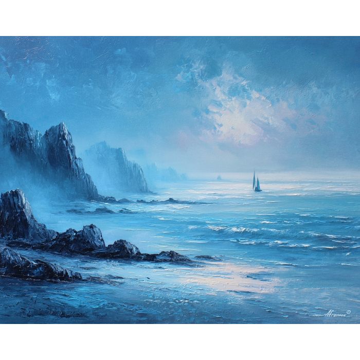 salt, horizon, drift, tide, open, blue, wind, shore, pale, calm, palette knife, oil painting, impasto, texture, layered paint, expressive surface, color depth, atmospheric, visual mood, art