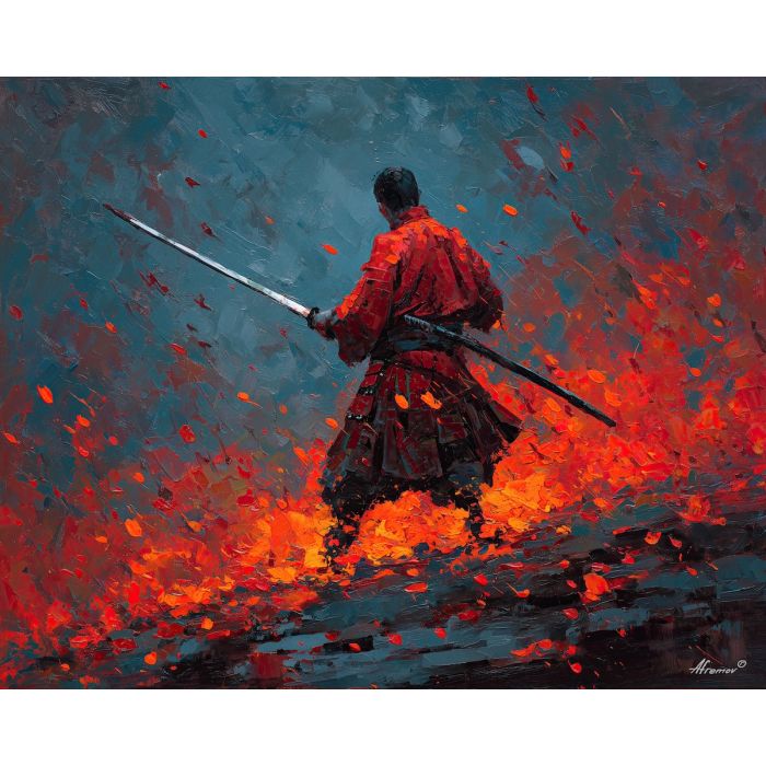 steel, honor, blade, night, silent, crimson, ash, wind, shadow, still, palette knife, oil painting, impasto, texture, layered paint, expressive surface, color depth, atmospheric, visual mood, art