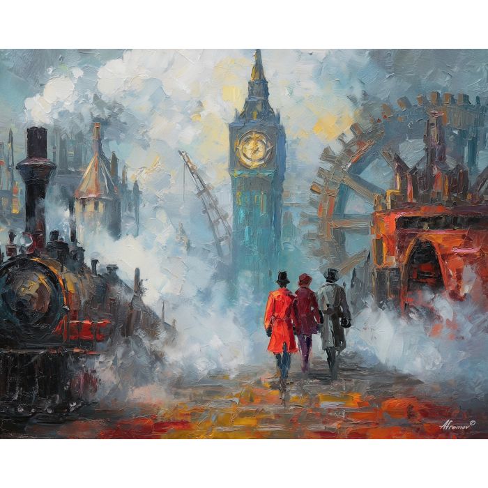 gear, brass, steam, iron, clock, fog, valve, copper, shadow, smoke, palette knife, oil painting, impasto, texture, layered paint, expressive surface, color depth, atmospheric, visual mood, art