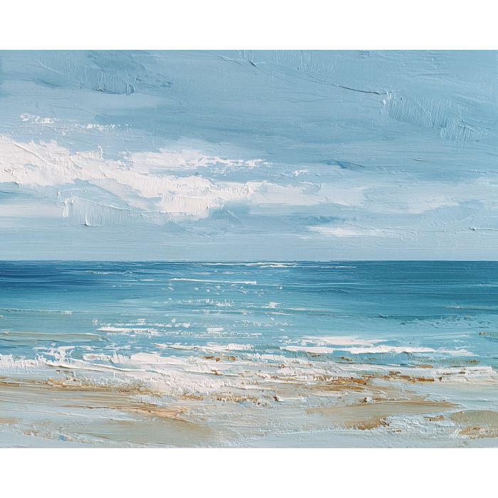 salt, horizon, drift, tide, open, blue, wind, shore, pale, calm, palette knife, oil painting, impasto, texture, layered paint, expressive surface, color depth, atmospheric, visual mood, art