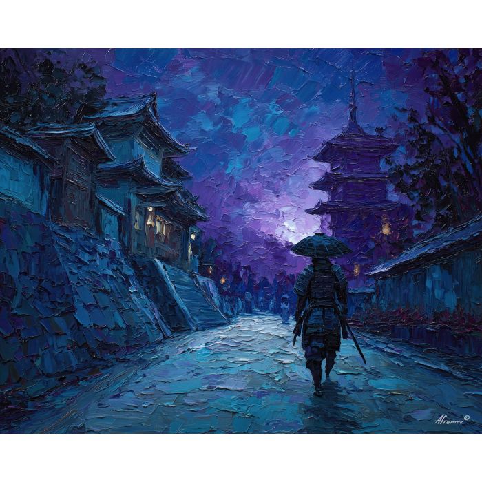 steel, honor, blade, night, silent, crimson, ash, wind, shadow, still, palette knife, oil painting, impasto, texture, layered paint, expressive surface, color depth, atmospheric, visual mood, art