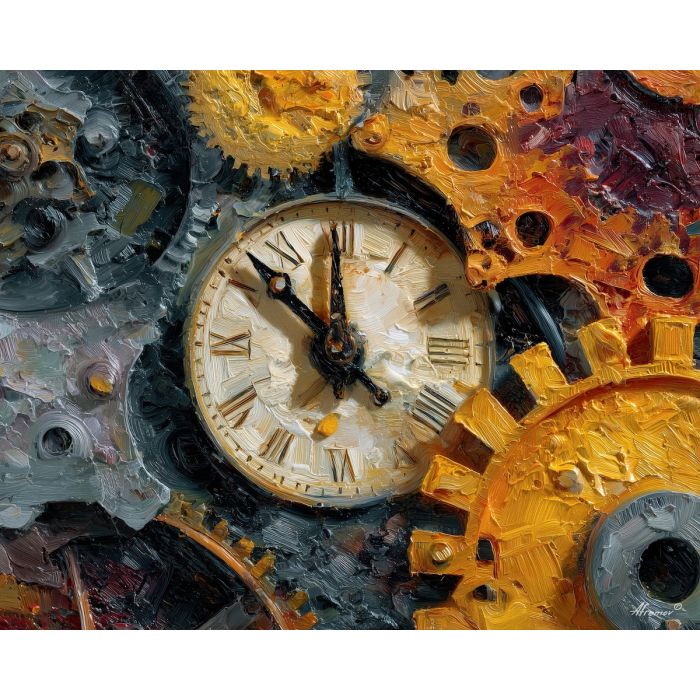 gear, brass, steam, iron, clock, fog, valve, copper, shadow, smoke, palette knife, oil painting, impasto, texture, layered paint, expressive surface, color depth, atmospheric, visual mood, art
