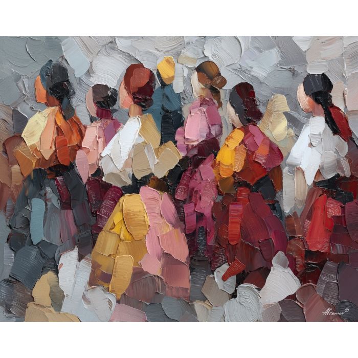 together, common, shared, joined, single, bond, circle, linked, whole, union, palette knife, oil painting, impasto, texture, layered paint, expressive surface, color depth, atmospheric, visual mood, art