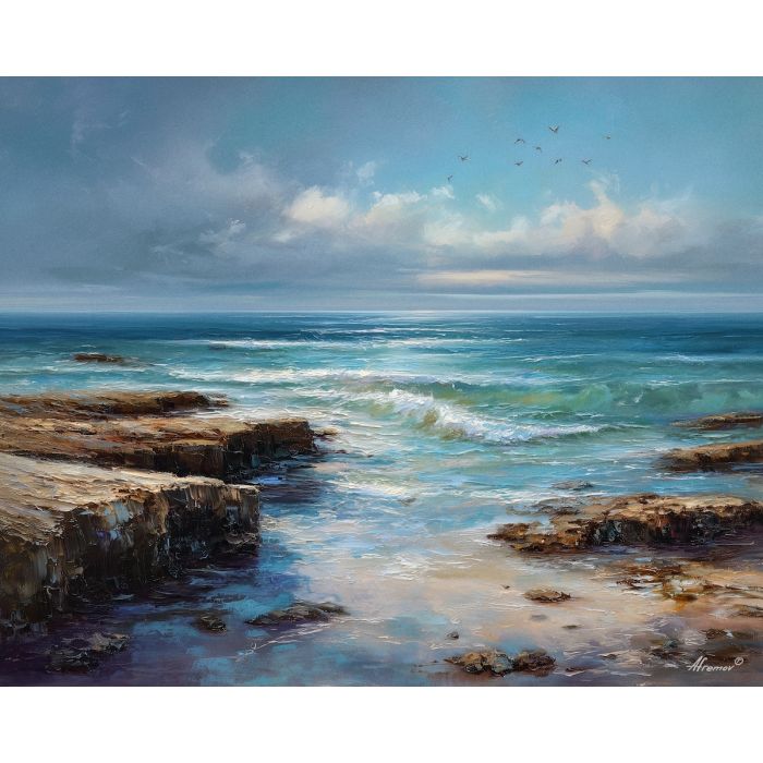 salt, horizon, drift, tide, open, blue, wind, shore, pale, calm, palette knife, oil painting, impasto, texture, layered paint, expressive surface, color depth, atmospheric, visual mood, art