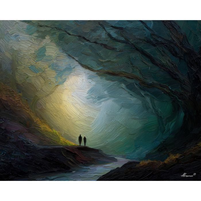 together, common, shared, joined, single, bond, circle, linked, whole, union, palette knife, oil painting, impasto, texture, layered paint, expressive surface, color depth, atmospheric, visual mood, art