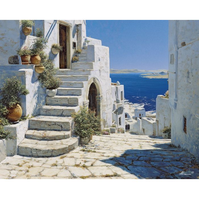 greek island, coastal village, oil painting, cultural scene, blue tones, painterly texture, everyday greece, detailed oil