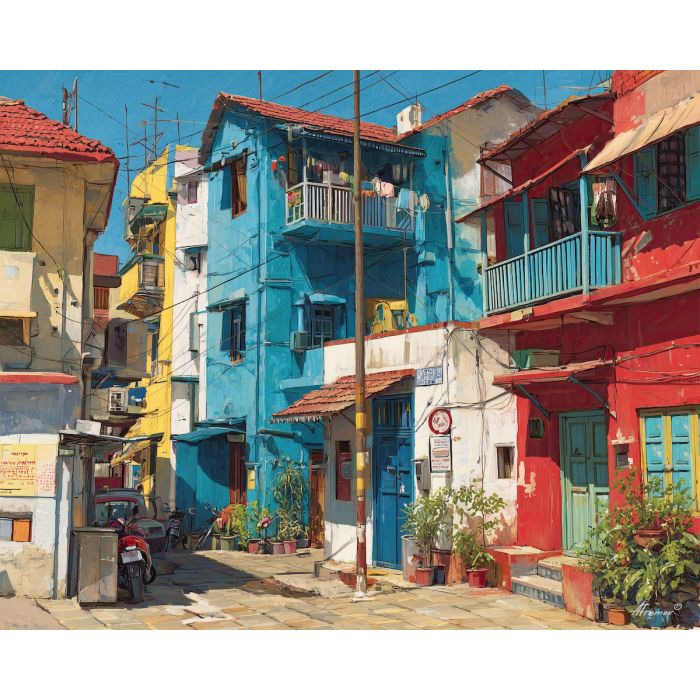 indian street, colorful buildings, oil painting, cultural scene, vibrant tones, painterly texture, everyday india, detailed oil, lively atmosphere