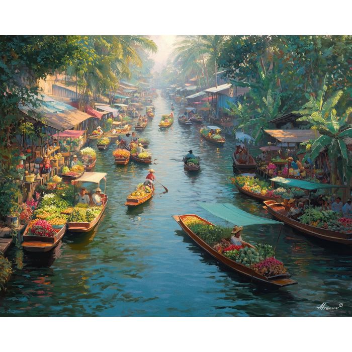 thai market, floating boats, canal life, oil painting, cultural scene, warm colors, painterly texture, everyday thailand, detailed oil